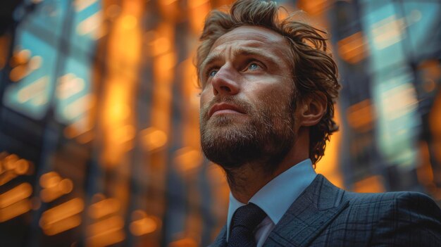 Portrait of a businessman on a blurred background of office buildings