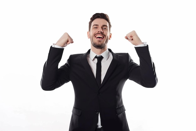 portrait of businessman excited on white isolated background