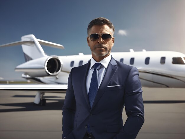 Foto ritratto di un uomo d'affari davanti al business jet concetto di successo finanziario