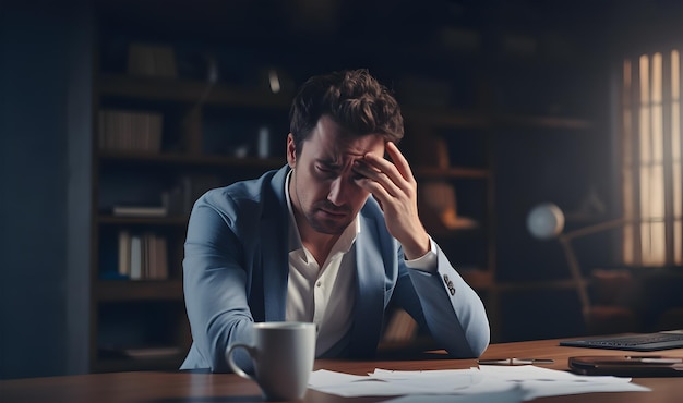 Portrait of businessman having stress feeling headache pain Working hard late at night at computer desk Sitting in the dark room office Hands on head eyeglasses Stressed ceo Lots of documents