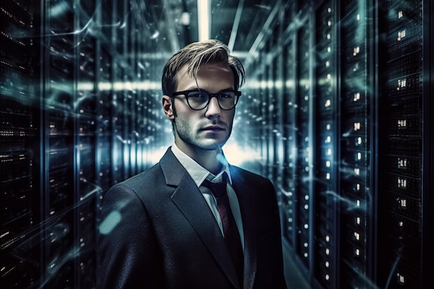 Portrait of businessman man in data storage and information technology center with servers Generative AI illustration