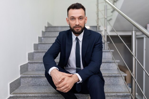 Photo portrait of businessman sitting on staircase