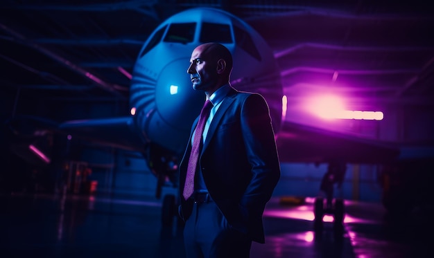 Portrait of businessman in suit standing in front of private jet