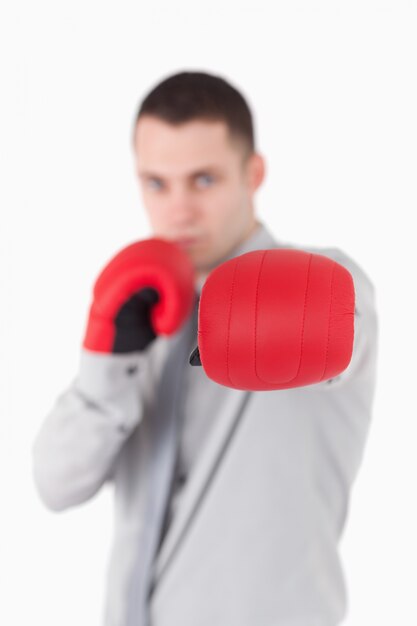 Portrait of a businessman wearing boxing gloves