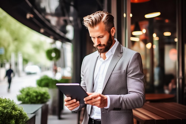 Portrait of Businessman wearing suit using tablet and smiling with colleague in office AI Generated