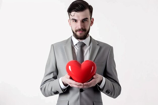 portrait of businessman with 3d red heart on white isolated background