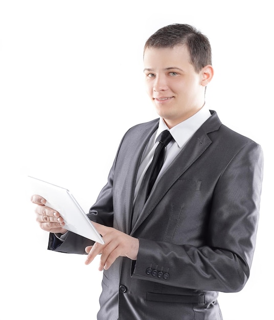 Portrait of businessman with digital tabletisolated on white background