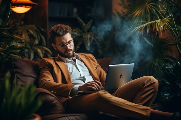 Portrait of businessman working in the office on the couch putting long hours of work