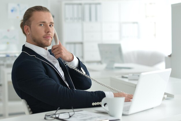 Portrait of businessman working at table and talking on phone