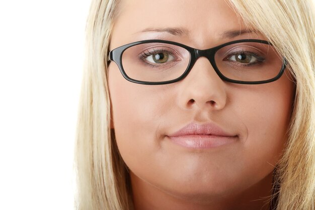 Portrait of businesswoman against white background