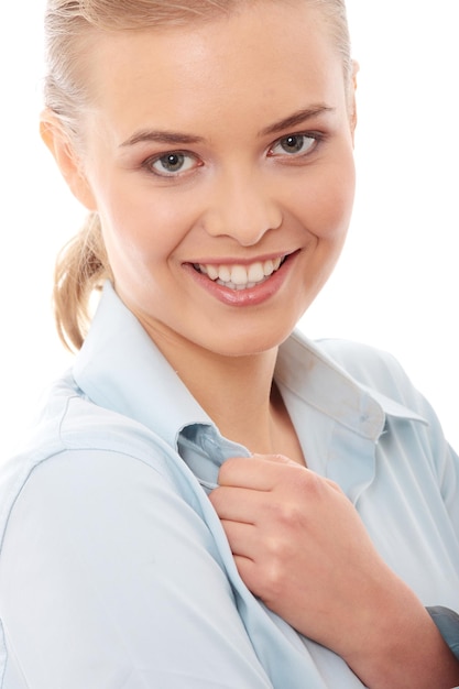 Photo portrait of businesswoman against white background