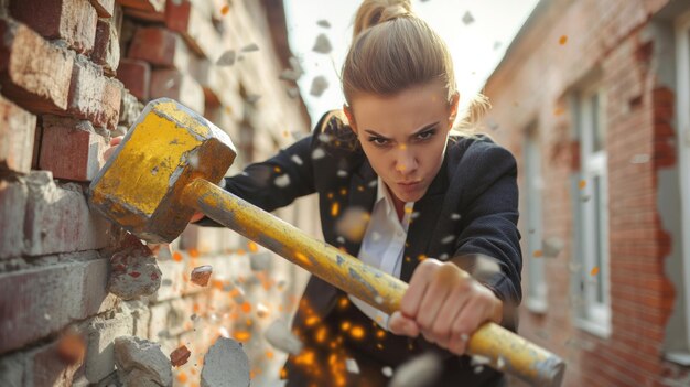 Photo portrait businesswoman smashing through a brick wall with a golden sledgehammer breaking barriers