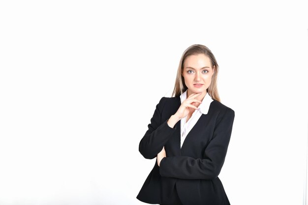 Photo portrait of businesswoman standing against white background