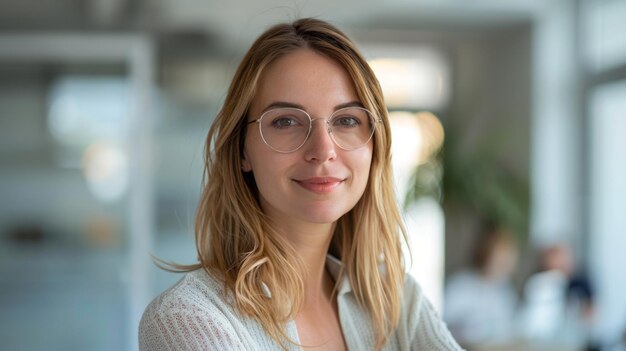 Portrait of a businesswoman wearing glasses and a shirt on a light background