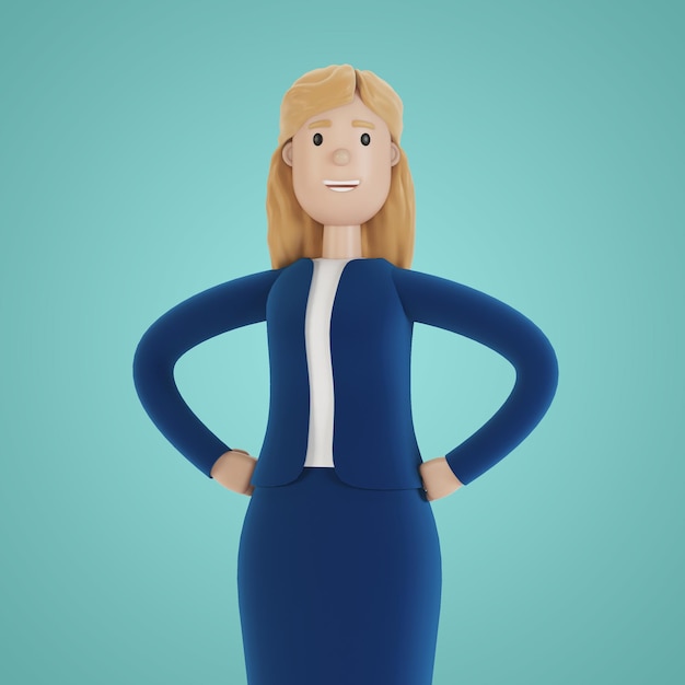 만화 스타일의 회사 3d 그림 비즈니스 옷을 입은 여성 사업가의 초상화
