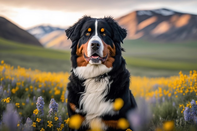 AI が生成した、花の咲く草原に佇む穏やかな犬バーニーズのポートレート