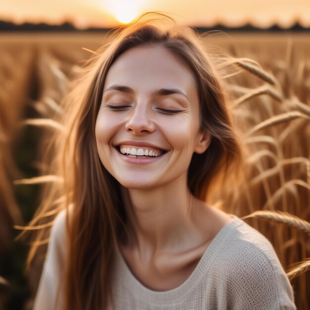 静かな笑顔の女性の肖像画 閉じた目で夕暮れの畑で美しい瞬間の生活を楽しんでいます