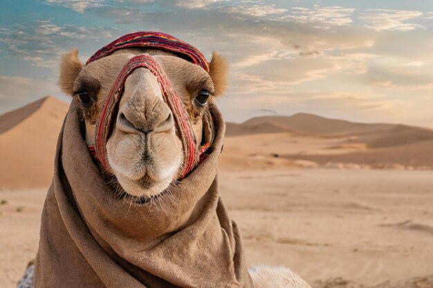 砂漠 の 砂丘 の 背景 に 描か れ て いる ラクダ の 肖像