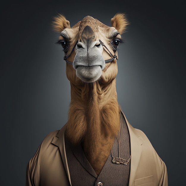 Portrait of a camel wearing clothing