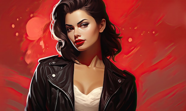 The portrait captured the allure of the brunette in a leather jacket designe