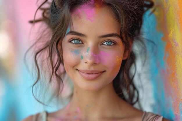 Портрет молодой женщины, наслаждающейся цветовым фестивалем Холи