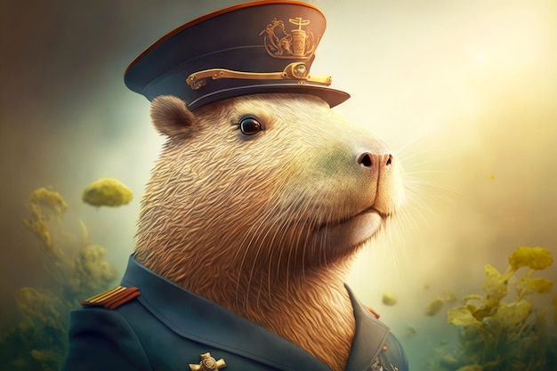 Portrait of capybara dressed as a sea captain at the helm generative ai