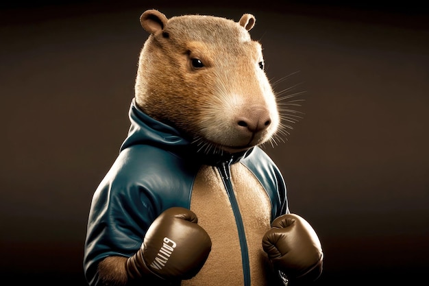 Portrait of capybara in a tracksuit and boxing gloves around his neck generative ai