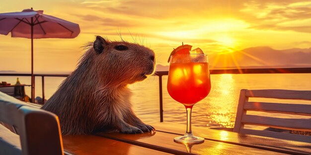 portrait of a capybara with an Aperol Spritz cocktail sitting at a table in a cafe