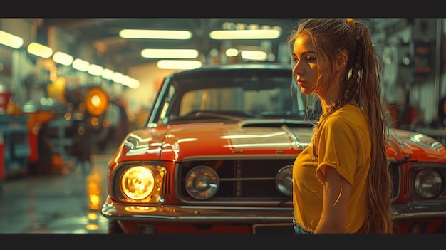 Photo portrait of a car repair shop girl at a service station