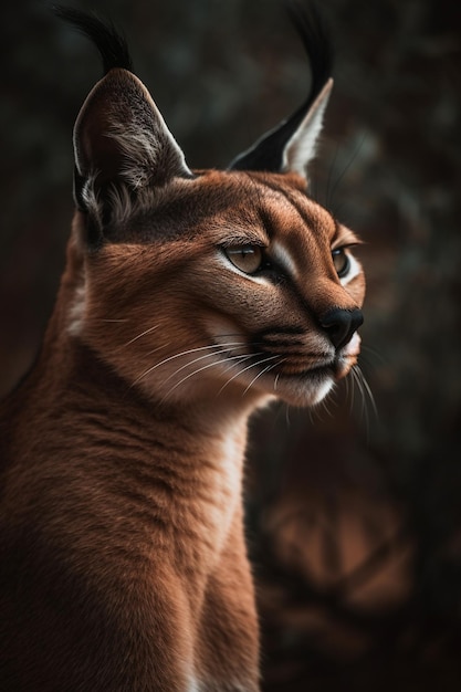 A portrait of a caracal in a dark forest