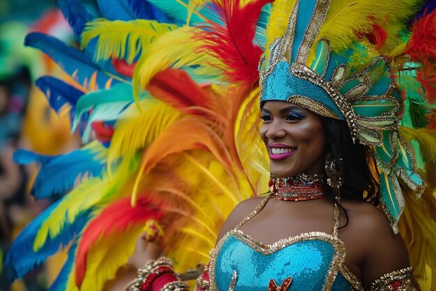 Портрет карнавальных танцоров с красочными перьями во время празднования фестиваля самбы