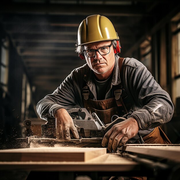 Photo portrait of carpenter in protective eyewear