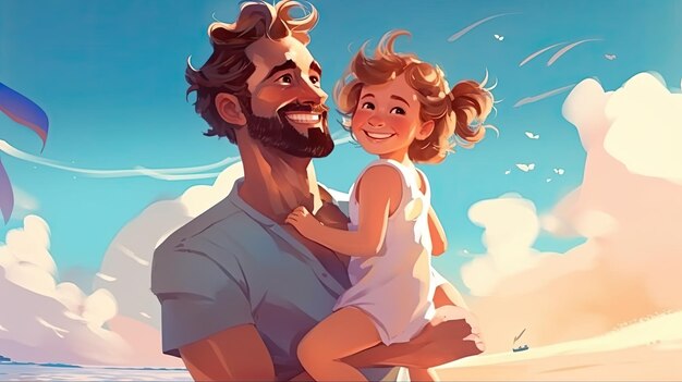 Portrait carry and father with girl beach and happiness with love bonding and island getaway fam