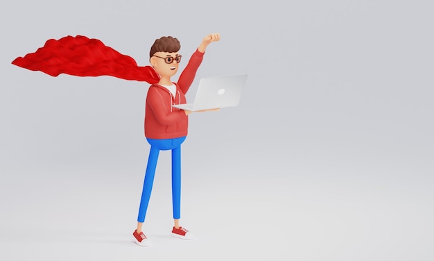 Photo portrait of cartoon business superhero a man in a superhero cape with a laptop in the rch 3d illustration