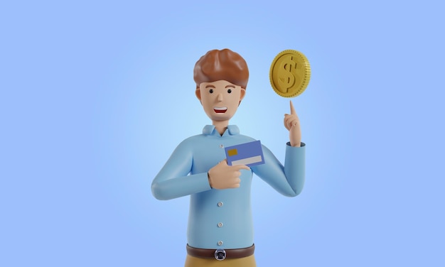 Portrait cartoon character happy businessman in sky blue shirt\
show blue bank credit card and coin on blue background bank service\
advertising 3d rendering