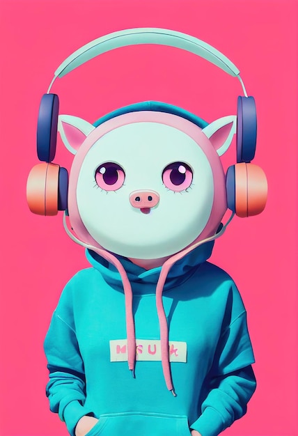 Portrait of a cartoon pig wearing fancy headphones A lover of fashionable music