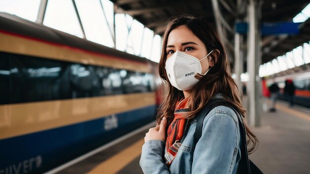 Photo portrait of casual woman waiting train with kn95 ffp2 protective mask at train station