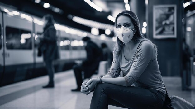 Photo portrait of casual woman waiting train with kn95 ffp2 protective mask at train station