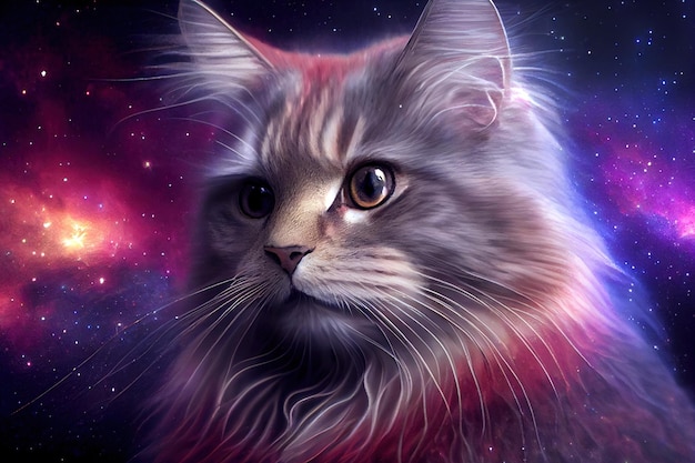 Portrait of a cat against the background of space and stars double exposure3d illustration Generative AI