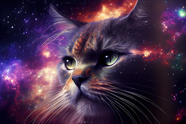 Portrait of a cat against the background of space and stars double exposure3d illustration Generative AI