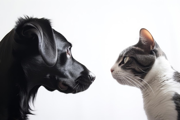 Photo portrait of cat and dog in profile on white background