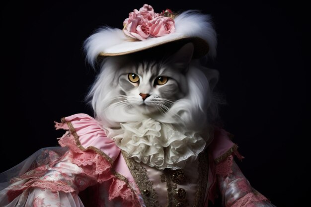 Photo portrait of a cat in an elegant vintage pink dress and a hat with flowers anthropomorphism humanised animals concept