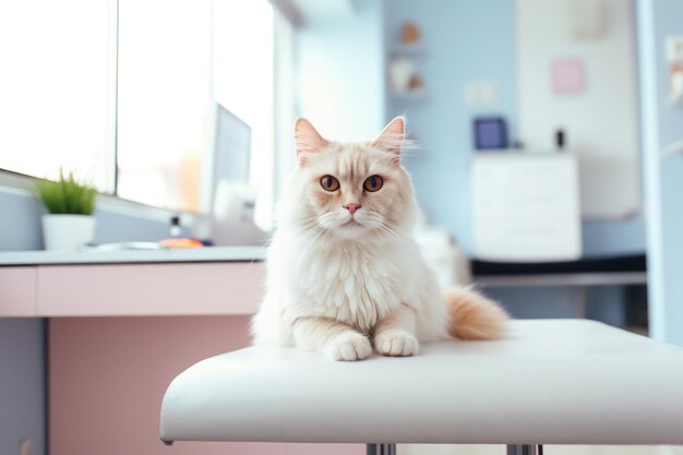 Foto ritratto di un paziente gatto in una clinica veterinaria che visita un veterinario per un esame medico