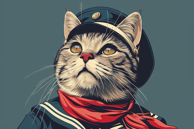 Portrait cat in a sailors cap and tie illustration