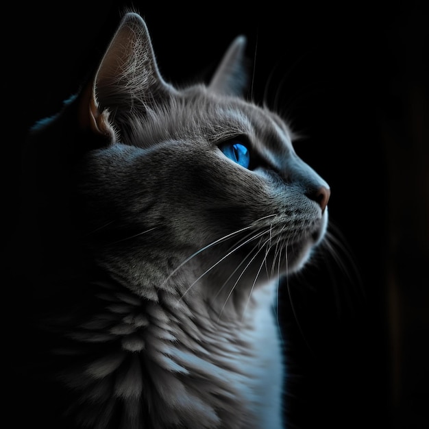 Portrait of a cat shot of a grey cat with blue eyes in the dark generative ai