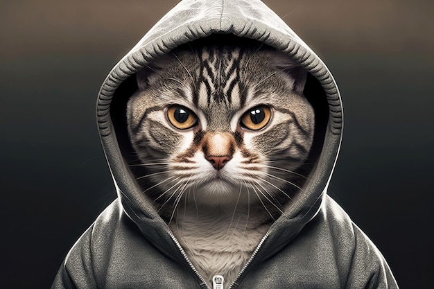 Portrait of cat in sportswear and a hood generative ai