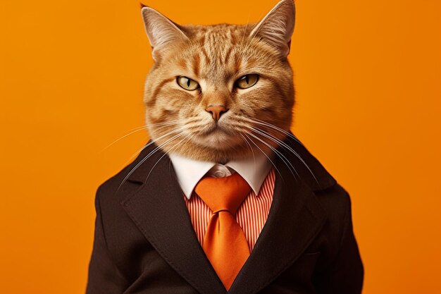Portrait of a cat in a suit and tie on orange background