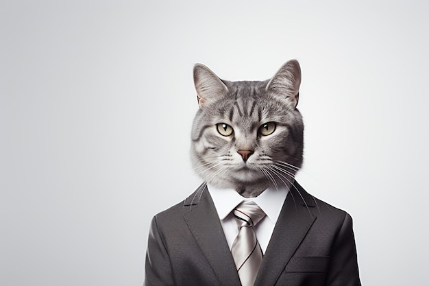 Portrait of a cat in a suit and tie on a white background