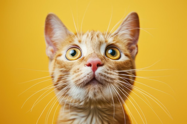 Portrait cat surprised face with bulging big eyes over color bright background