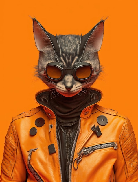 Portrait of Cat wearing black jacket on orange background Created Generative Ai